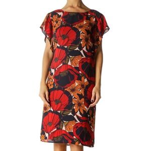 Ann Taylor‎ Loft Red Orange Floral Print Ruffle Sleeve Shift Dress Size PM MP
